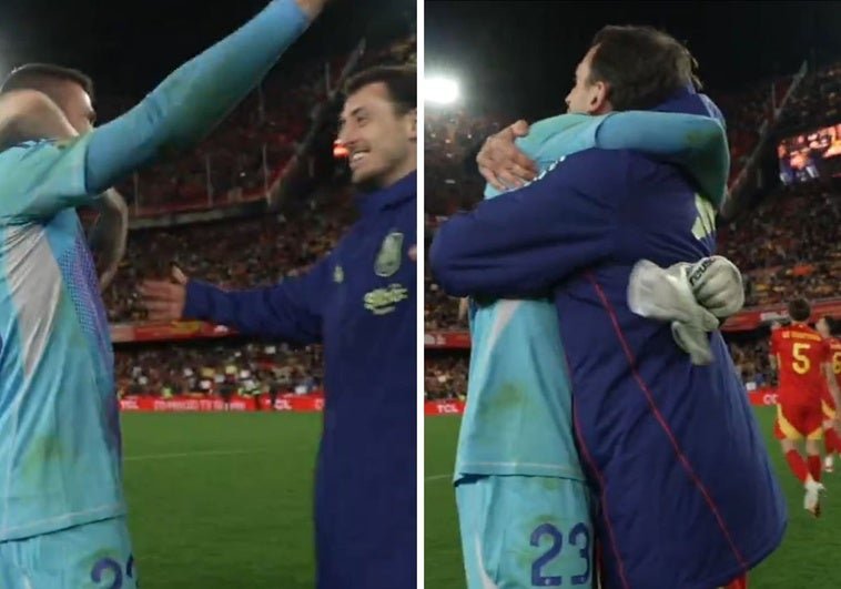 Celebra El Abrazo De Unai Simon Y Mikel Oyarzabal Tras El Triunfo De Espana